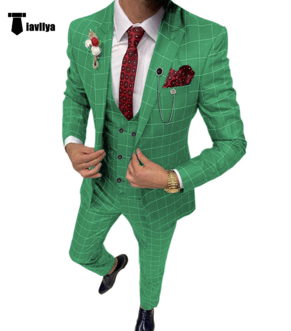 Tiavllya Tiavllya Fashion Mens Suit 3 Pieces Plaid Peak Lapel Tuxedos (Blazer+Vest+Pants)