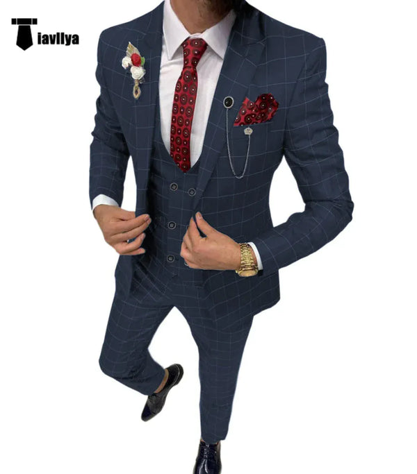 Tiavllya Tiavllya Fashion Mens Suit 3 Pieces Plaid Peak Lapel Tuxedos (Blazer+Vest+Pants)