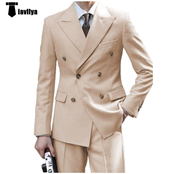Tiavllya Tiavllya Formal 2 Pieces Mens Suit Flat Peak Lapel Double Breasted Tuxedos For Wedding (Blazer+Pants)