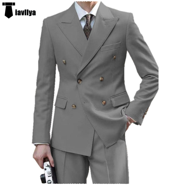 Tiavllya Tiavllya Formal 2 Pieces Mens Suit Flat Peak Lapel Double Breasted Tuxedos For Wedding (Blazer+Pants)