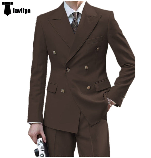 Tiavllya Tiavllya Formal 2 Pieces Mens Suit Flat Peak Lapel Double Breasted Tuxedos For Wedding (Blazer+Pants)