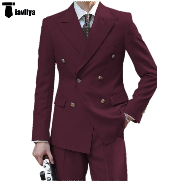 Tiavllya Tiavllya Formal 2 Pieces Mens Suit Flat Peak Lapel Double Breasted Tuxedos For Wedding (Blazer+Pants)