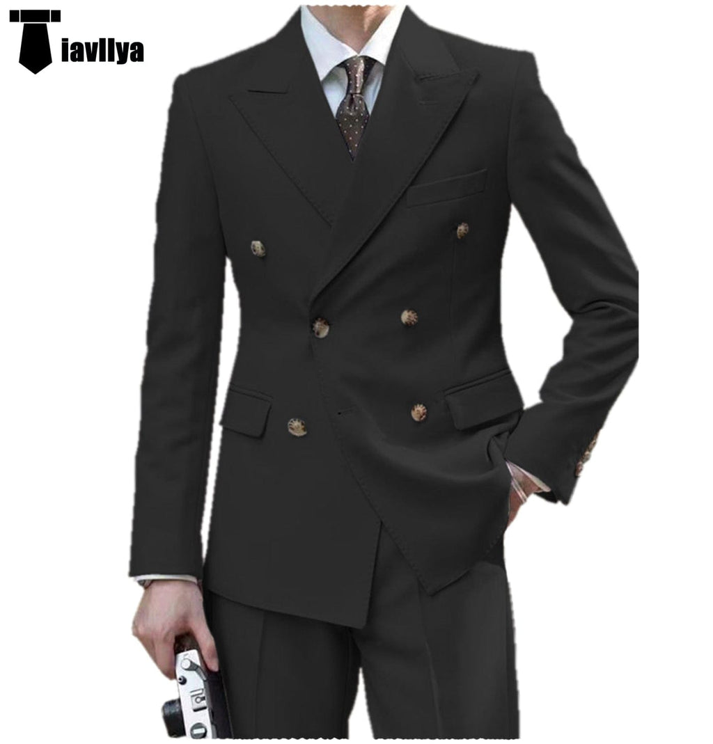 Tiavllya Tiavllya Formal 2 Pieces Mens Suit Flat Peak Lapel Double Breasted Tuxedos For Wedding (Blazer+Pants)