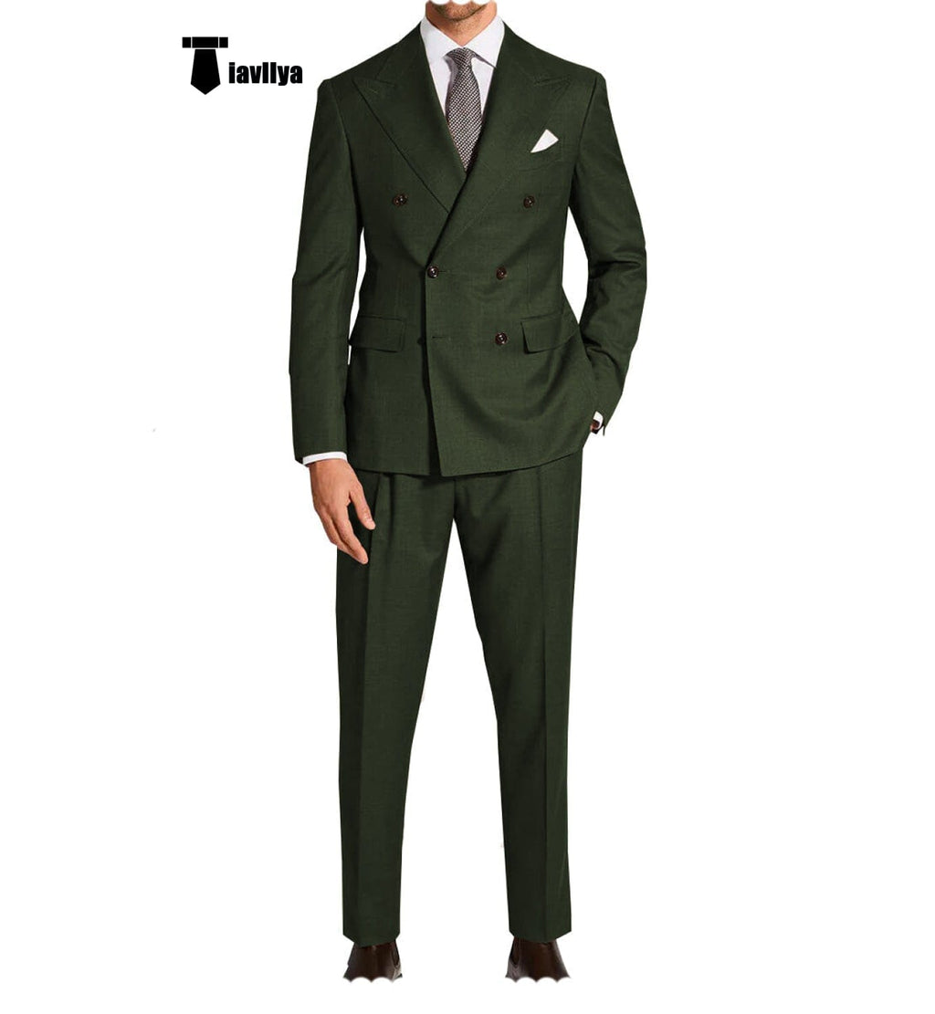 Tiavllya Tiavllya Formal 2 Pieces Mens Suit Flat Peak Lapel Double Breasted Tuxedos For Wedding (Blazer+Pants)