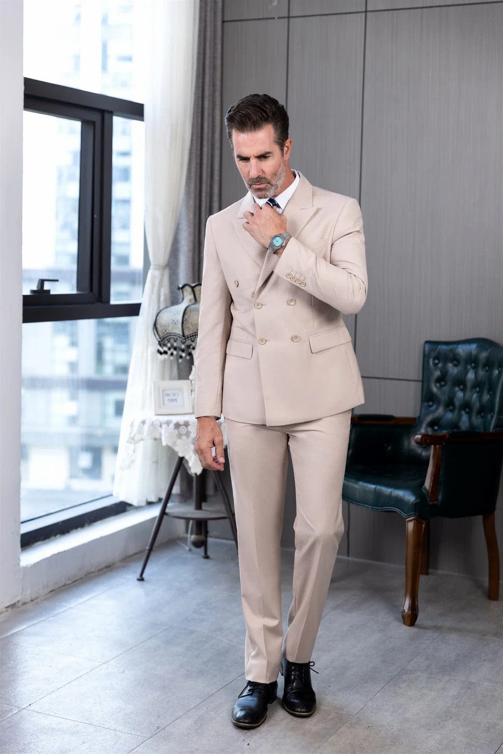 Tiavllya Tiavllya Formal 2 Pieces Mens Suit Flat Peak Lapel Double Breasted Tuxedos For Wedding (Blazer+Pants)