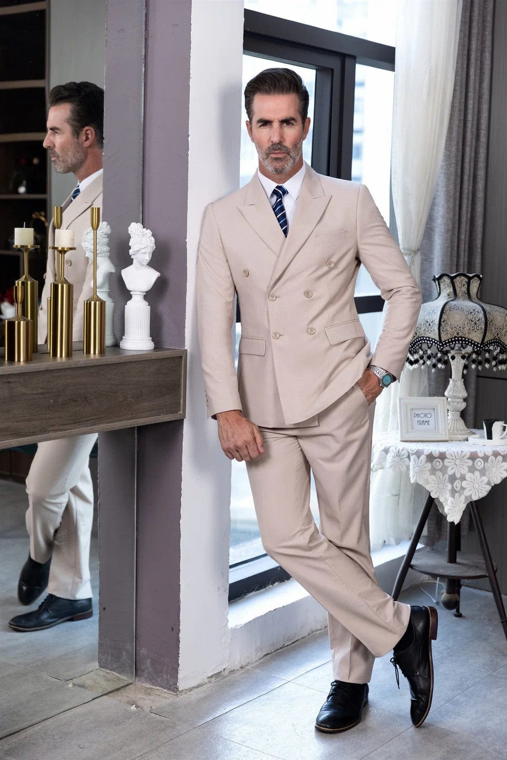 Tiavllya Tiavllya Formal 2 Pieces Mens Suit Flat Peak Lapel Double Breasted Tuxedos For Wedding (Blazer+Pants)