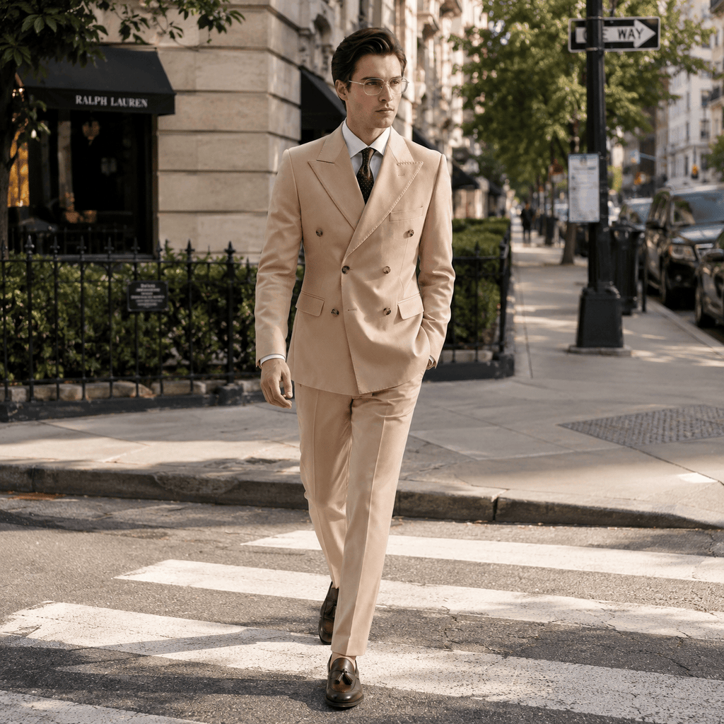 Tiavllya Tiavllya Formal 2 Pieces Mens Suit Flat Peak Lapel Double Breasted Tuxedos For Wedding (Blazer+Pants)