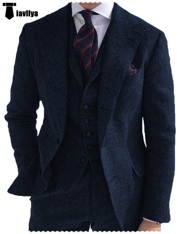 Tiavllya Tiavllya Formal 3 Piece Mens Suit Herringbone Notch Lapel Blazer (Blazer Vest+Pants)