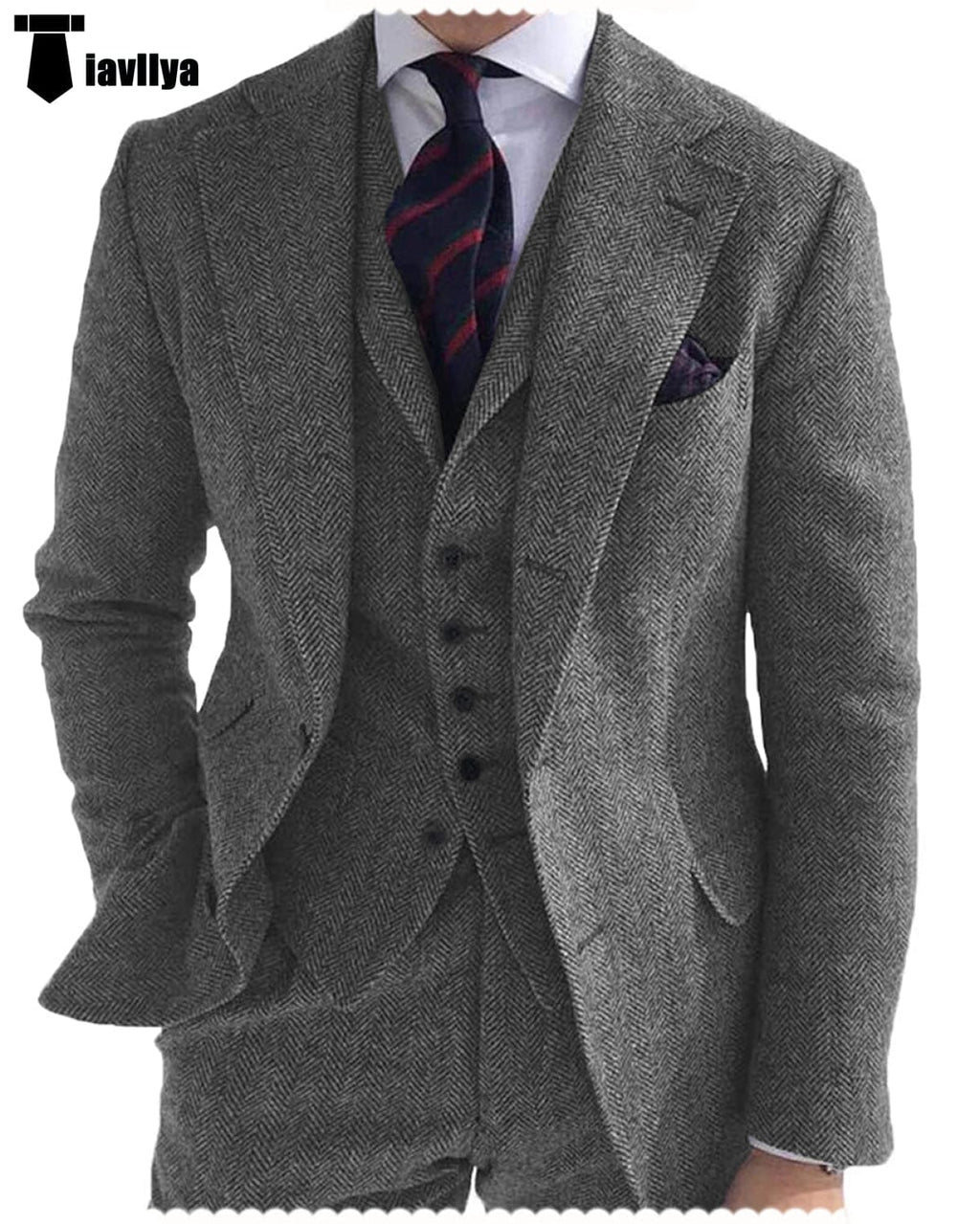 Tiavllya Tiavllya Formal 3 Piece Mens Suit Herringbone Notch Lapel Blazer (Blazer Vest+Pants)