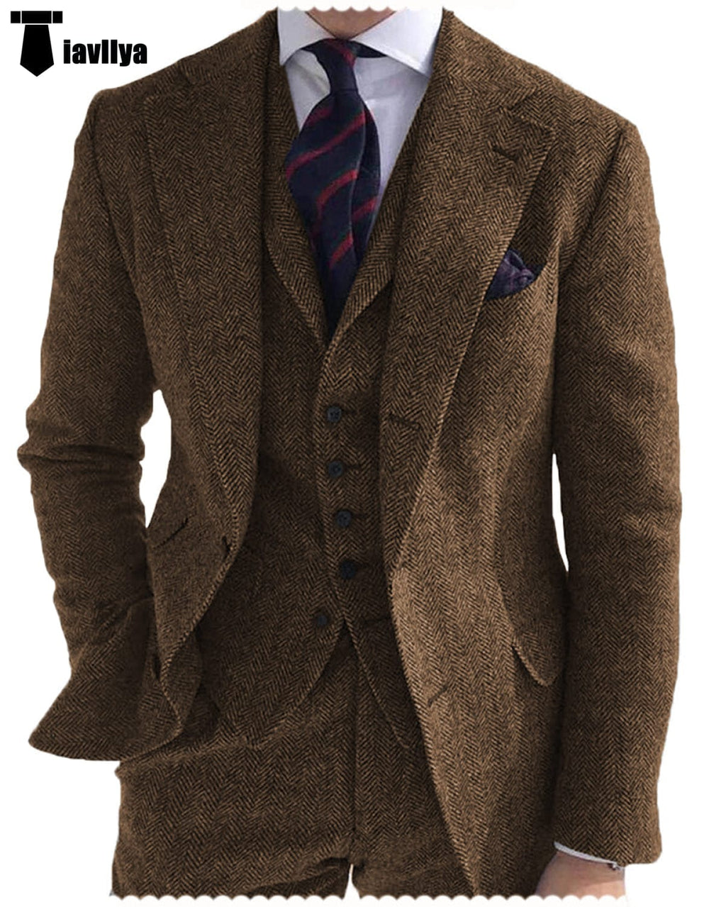 Tiavllya Tiavllya Formal 3 Piece Mens Suit Herringbone Notch Lapel Blazer (Blazer Vest+Pants)