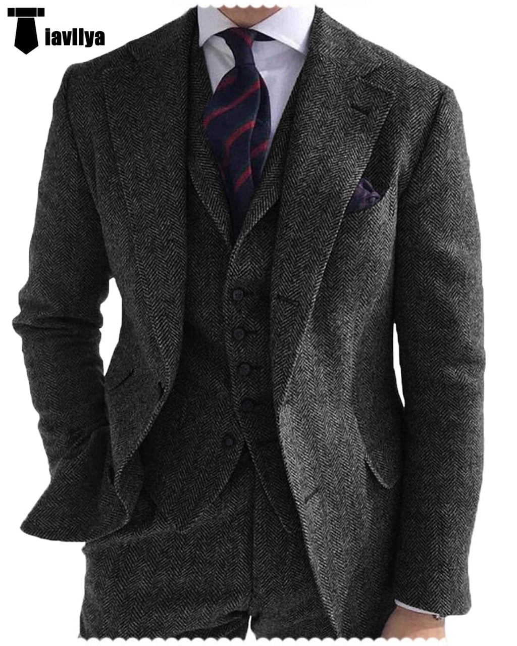 Tiavllya Tiavllya Formal 3 Piece Mens Suit Herringbone Notch Lapel Blazer (Blazer Vest+Pants)