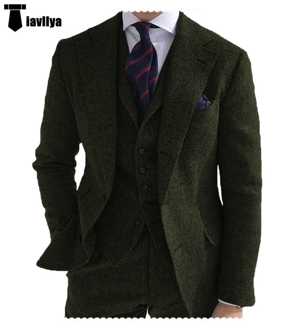 Tiavllya Tiavllya Formal 3 Piece Mens Suit Herringbone Notch Lapel Blazer (Blazer Vest+Pants)