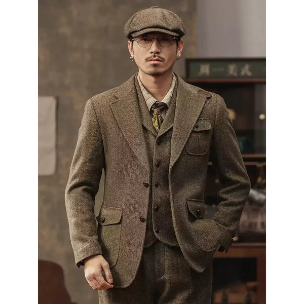Tiavllya Tiavllya Formal 3 Piece Mens Suit Herringbone Notch Lapel Blazer (Blazer Vest+Pants)