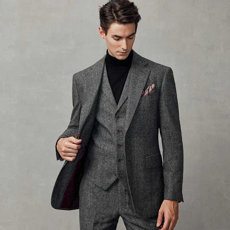 Tiavllya Tiavllya Formal 3 Piece Mens Suit Herringbone Notch Lapel Blazer (Blazer Vest+Pants)