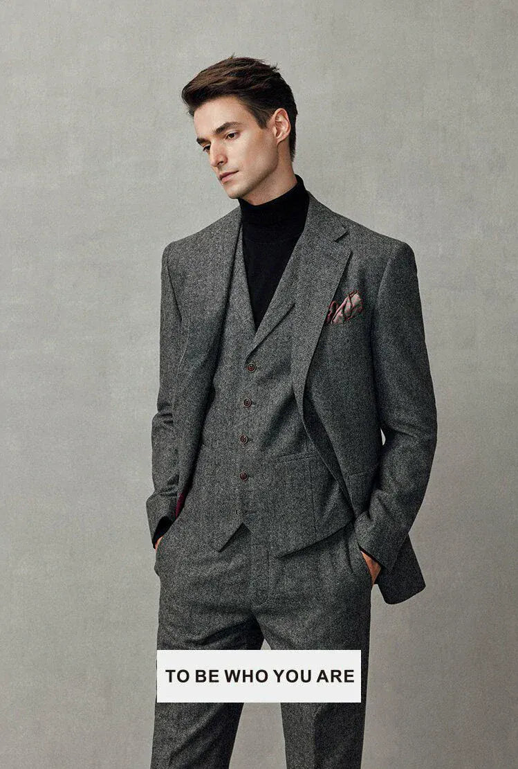 Tiavllya Tiavllya Formal 3 Piece Mens Suit Herringbone Notch Lapel Blazer (Blazer Vest+Pants)
