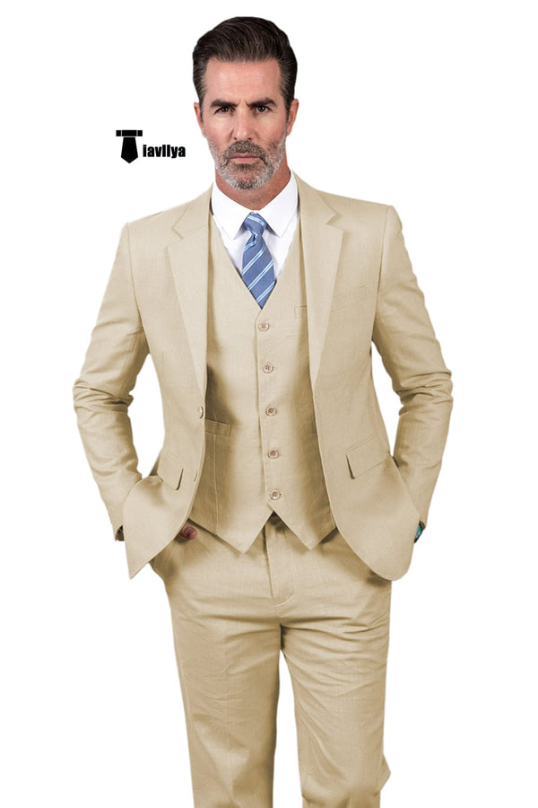 Tiavllya Tiavllya Formal Men's 3 Pieces Mens Suit Notch Lapel Linen For Wedding (Blazer+vest+Pants)