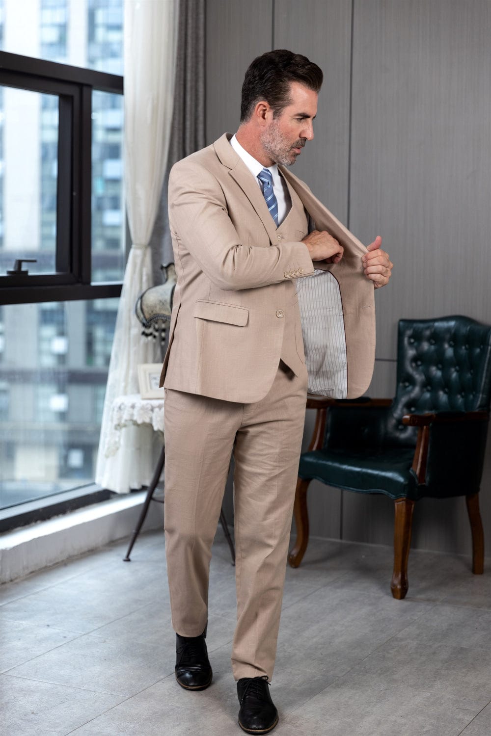 Tiavllya Tiavllya Formal Men's 3 Pieces Mens Suit Notch Lapel Linen For Wedding (Blazer+vest+Pants)