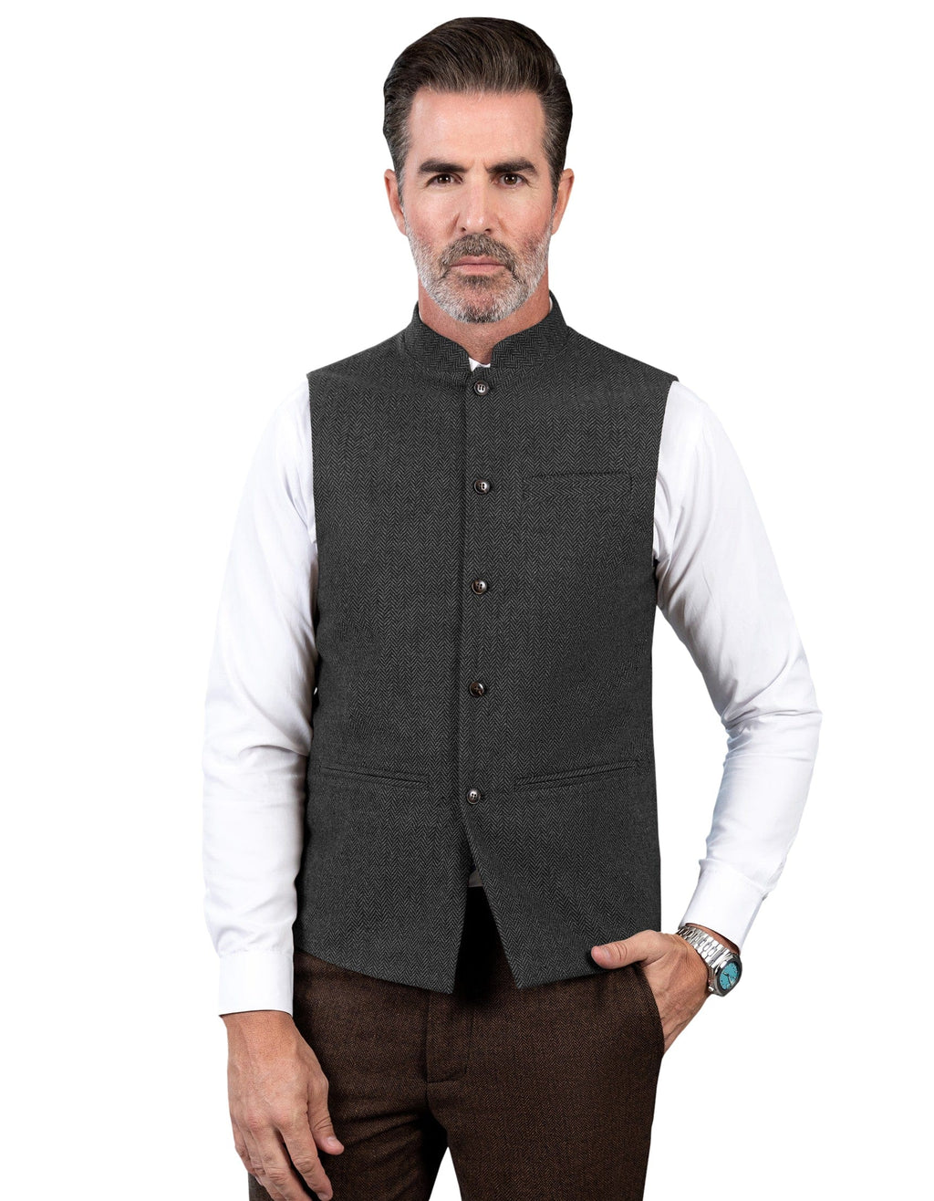 Tiavllya Tiavllya Formal Men's Slim Fit herringbone Stand Collar Waistcoat