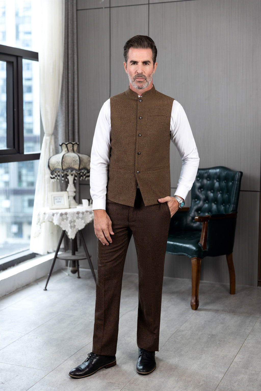 Tiavllya Tiavllya Formal Men's Slim Fit herringbone Stand Collar Waistcoat