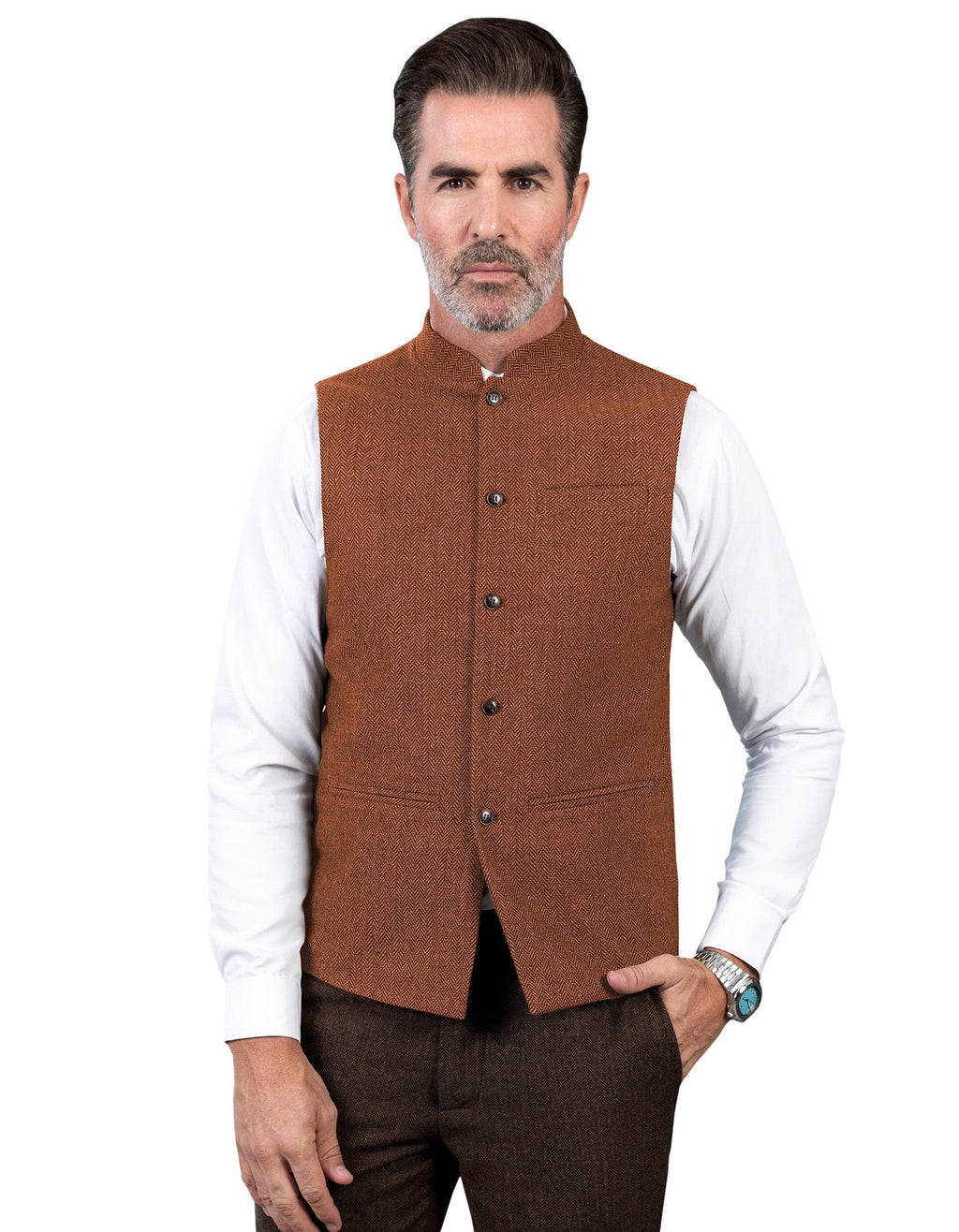 Tiavllya Tiavllya Formal Men's Slim Fit herringbone Stand Collar Waistcoat