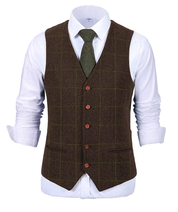 Tiavllya Tiavllya Formal Men's Suit Vest Plaid Tweed V Neck Waistcoat