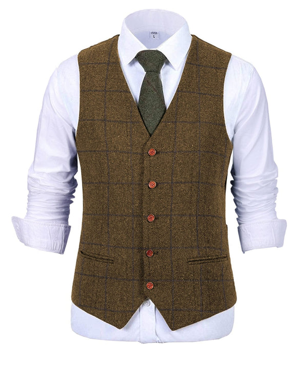 Tiavllya Tiavllya Formal Men's Suit Vest Plaid Tweed V Neck Waistcoat