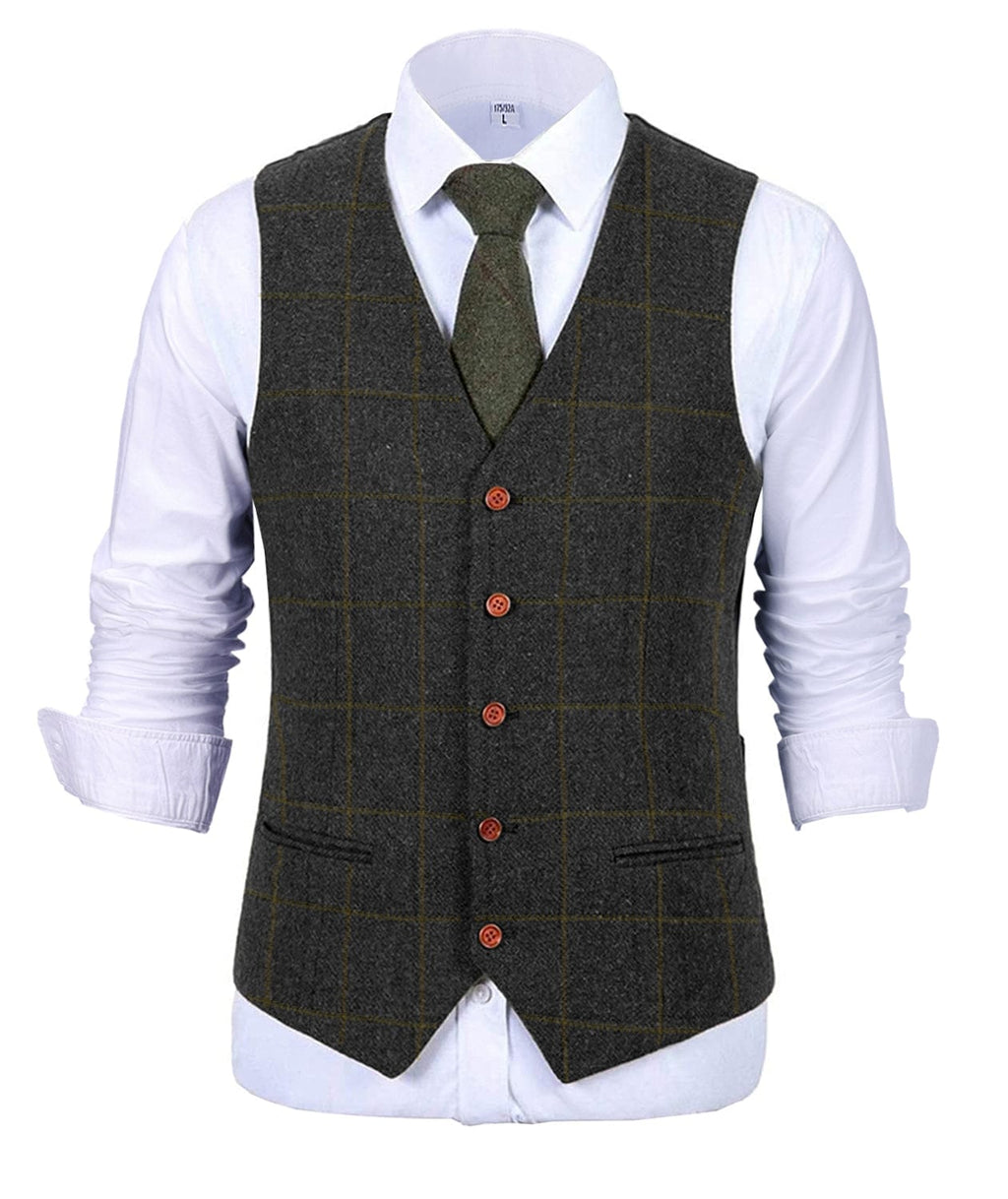 Tiavllya Tiavllya Formal Men's Suit Vest Plaid Tweed V Neck Waistcoat