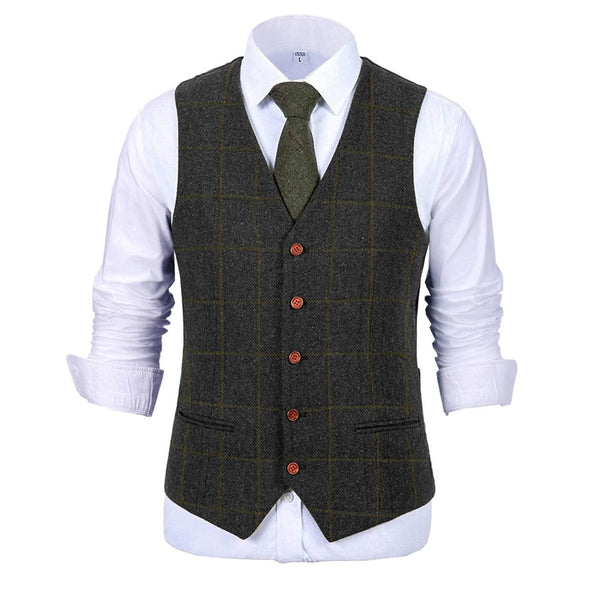 Tiavllya Tiavllya Formal Men's Suit Vest Plaid Tweed V Neck Waistcoat