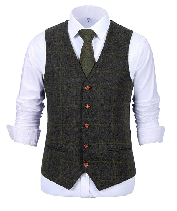 Tiavllya Tiavllya Formal Men's Suit Vest Plaid Tweed V Neck Waistcoat