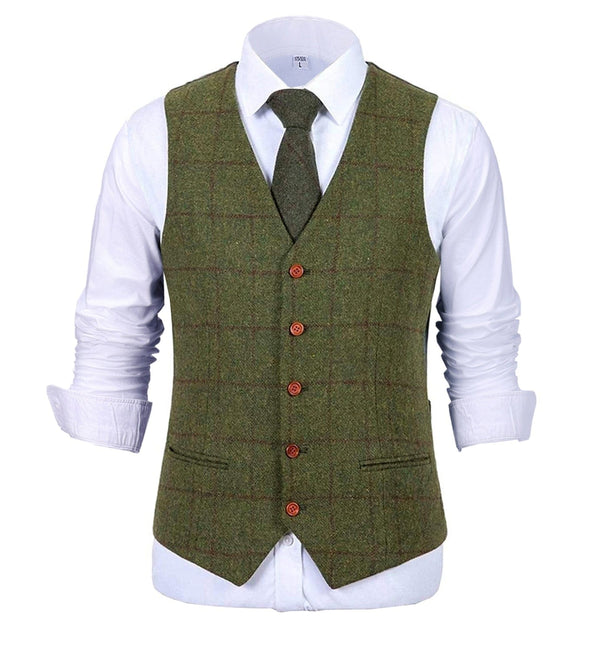 Tiavllya Tiavllya Formal Men's Suit Vest Plaid Tweed V Neck Waistcoat