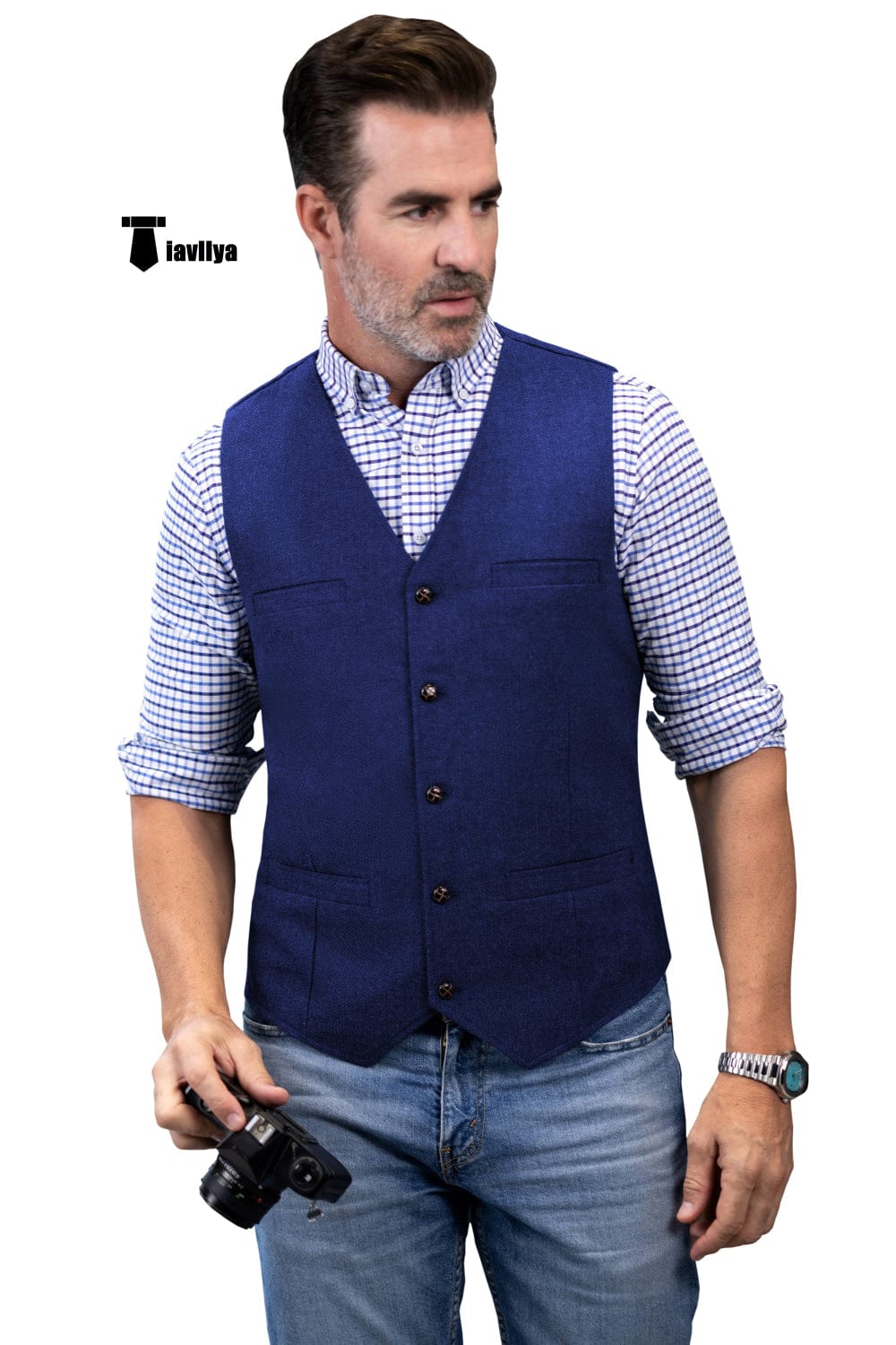 Tiavllya Tiavllya Formal Men's Tweed Herringbone V Neck Waistcoat
