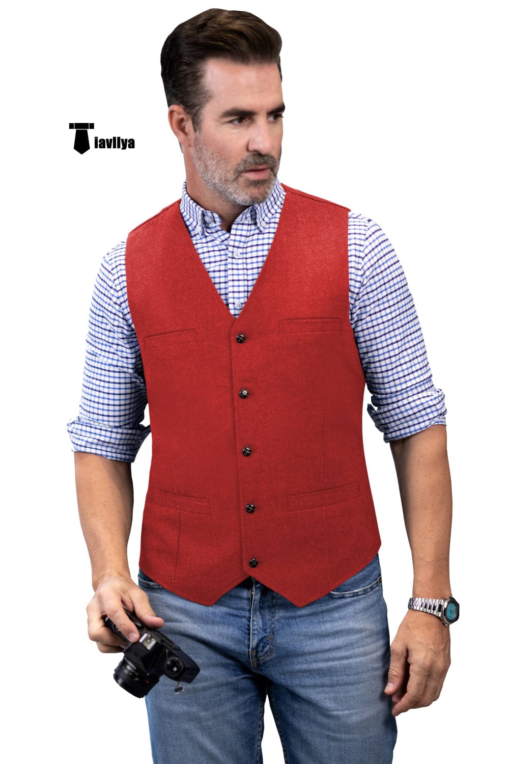 Tiavllya Tiavllya Formal Men's Tweed Herringbone V Neck Waistcoat