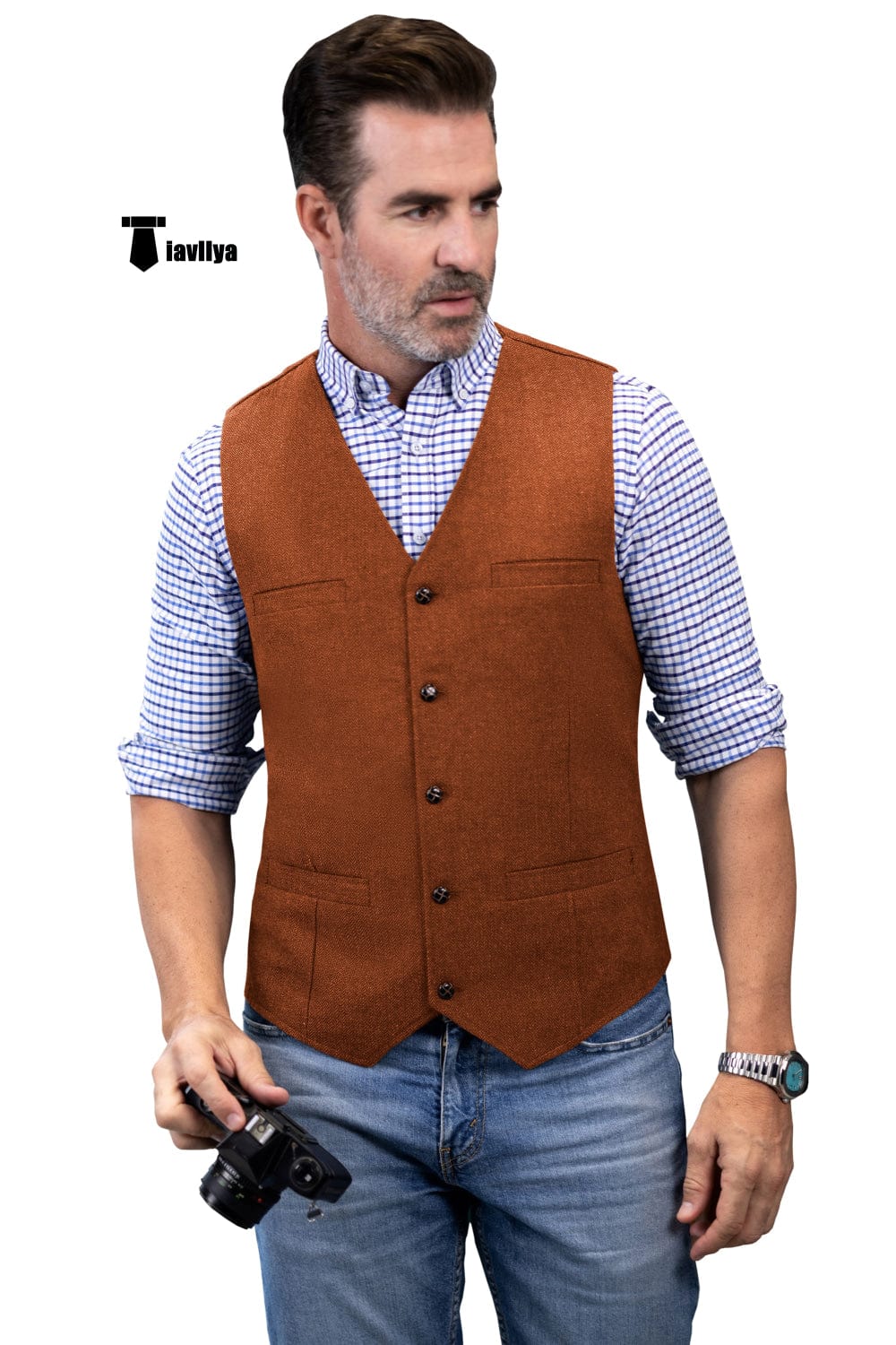Tiavllya Tiavllya Formal Men's Tweed Herringbone V Neck Waistcoat