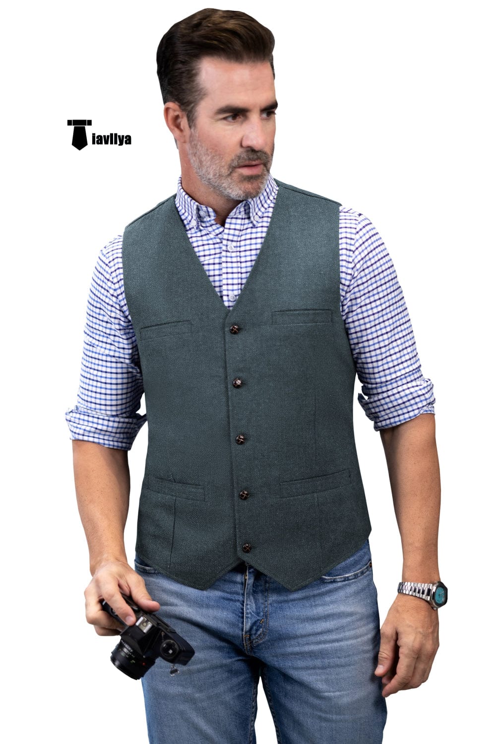 Tiavllya Tiavllya Formal Men's Tweed Herringbone V Neck Waistcoat