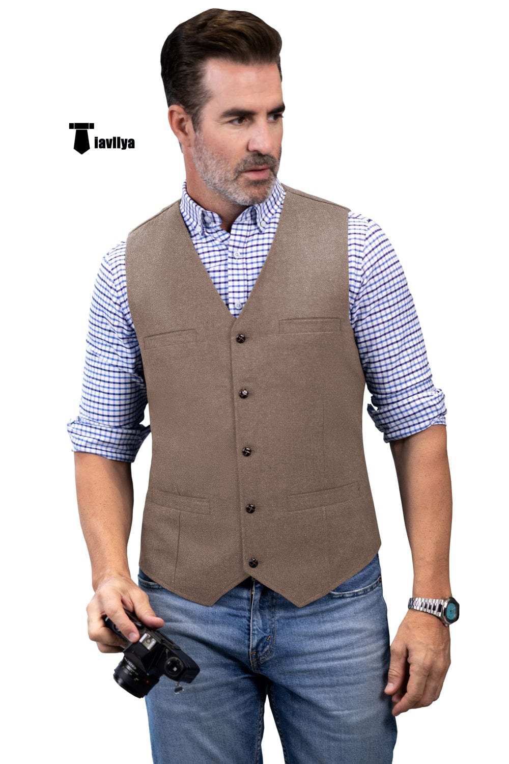 Tiavllya Tiavllya Formal Men's Tweed Herringbone V Neck Waistcoat