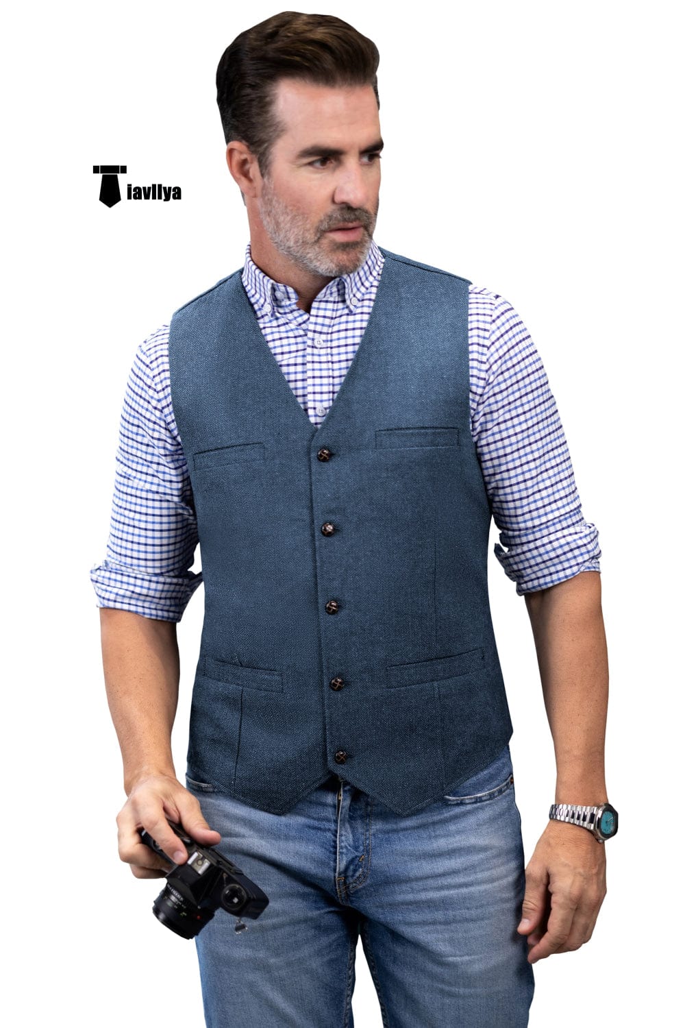 Tiavllya Tiavllya Formal Men's Tweed Herringbone V Neck Waistcoat
