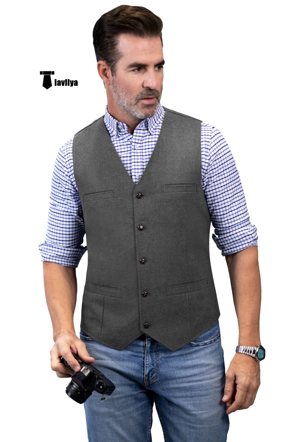 Tiavllya Tiavllya Formal Men's Tweed Herringbone V Neck Waistcoat