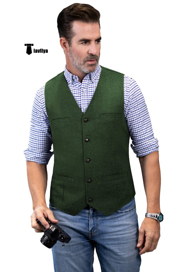 Tiavllya Tiavllya Formal Men's Tweed Herringbone V Neck Waistcoat