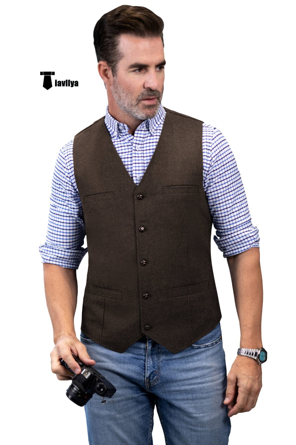 Tiavllya Tiavllya Formal Men's Tweed Herringbone V Neck Waistcoat