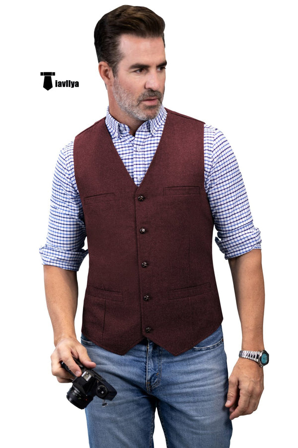 Tiavllya Tiavllya Formal Men's Tweed Herringbone V Neck Waistcoat