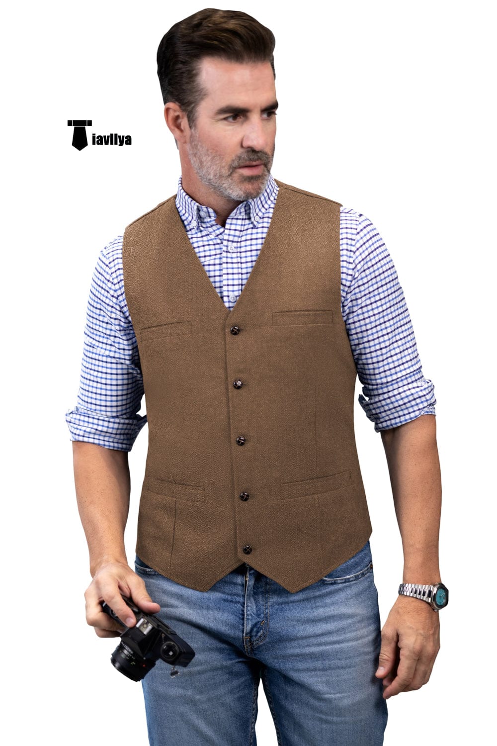 Tiavllya Tiavllya Formal Men's Tweed Herringbone V Neck Waistcoat
