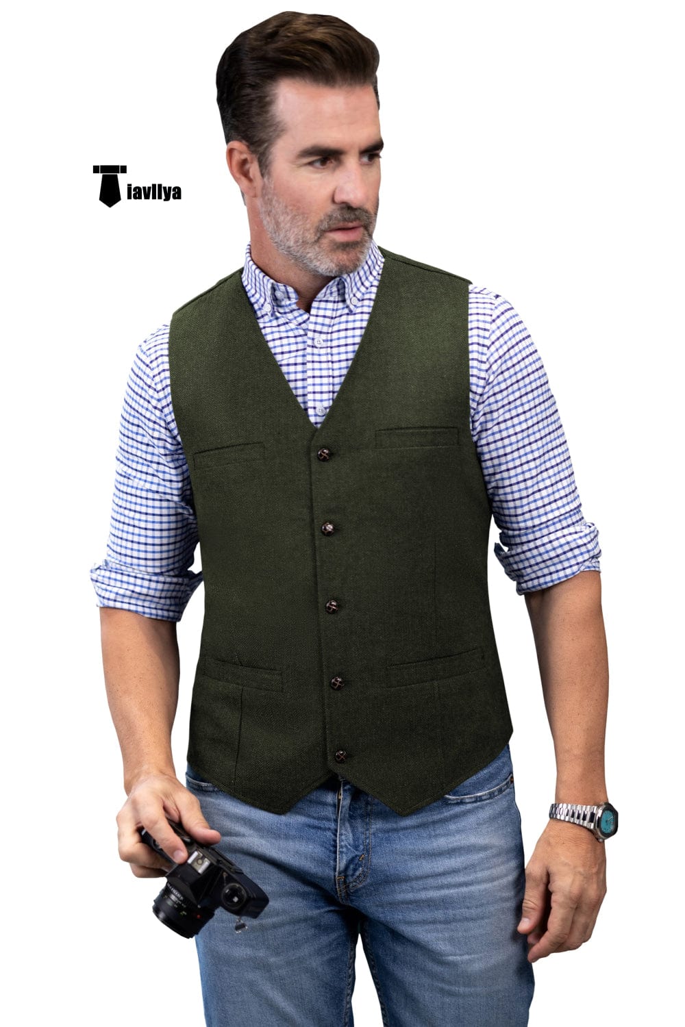 Tiavllya Tiavllya Formal Men's Tweed Herringbone V Neck Waistcoat