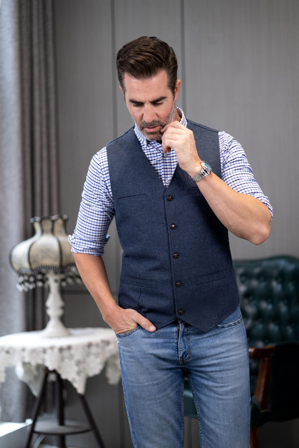 Tiavllya Tiavllya Formal Men's Tweed Herringbone V Neck Waistcoat