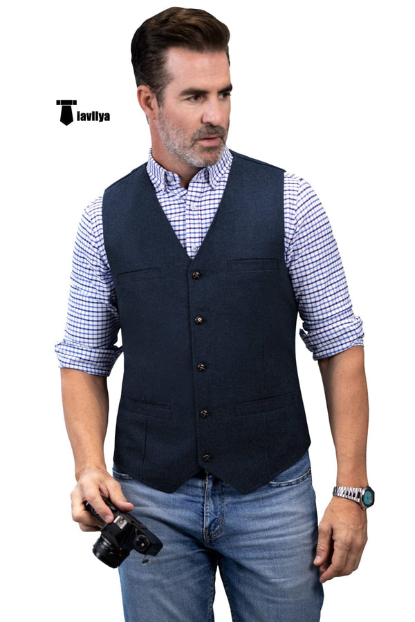 Tiavllya Tiavllya Formal Men's Tweed Herringbone V Neck Waistcoat