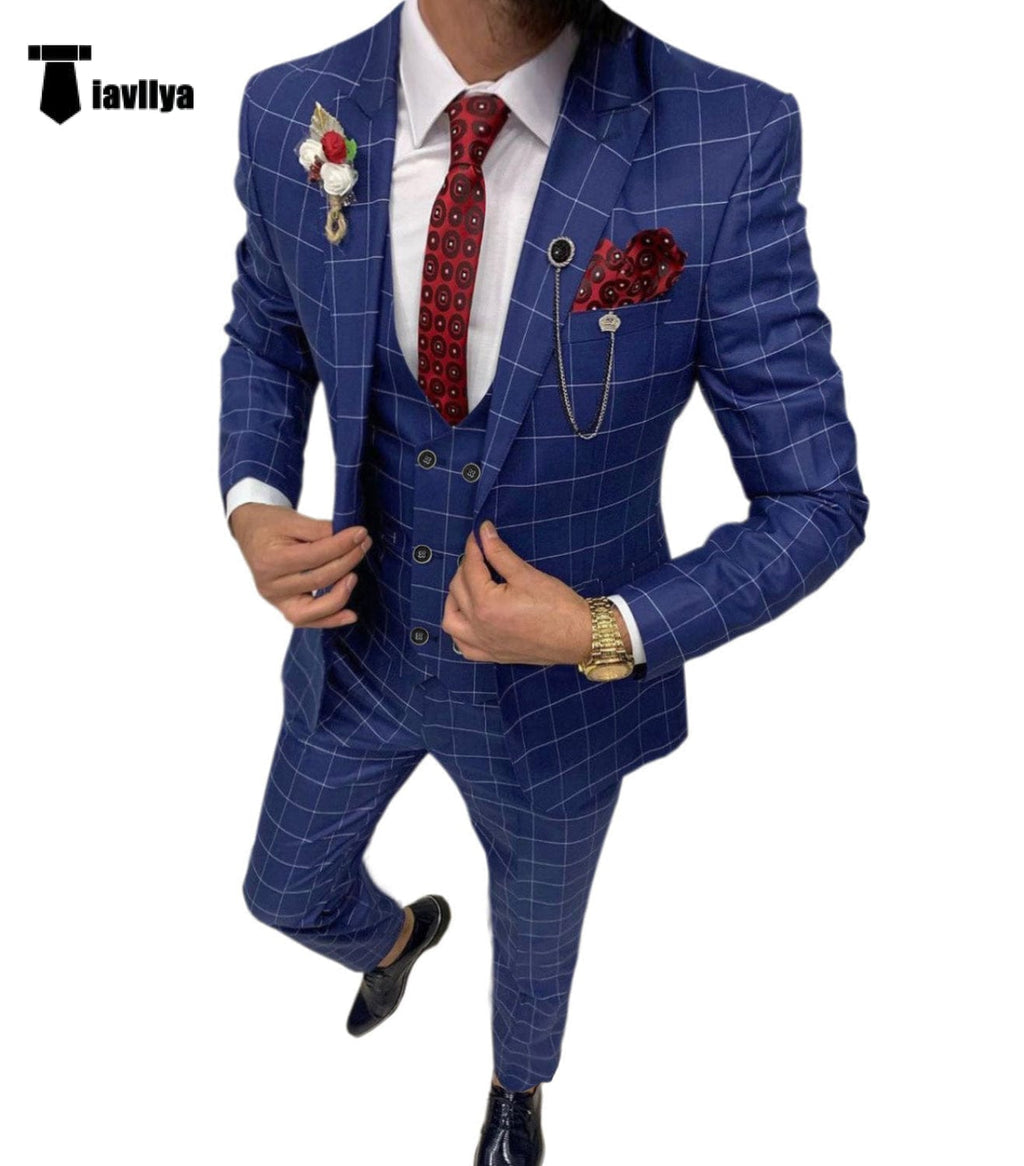 Tiavllya Tiavllya Formal Mens Suit 3 Pieces Plaid Peak Lapel Tuxedos (Blazer+Vest+Pants)