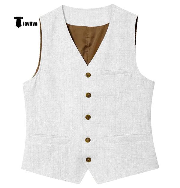 Tiavllya Tiavllya Formal Mens waistcoat Flat Linen V Neck Waistcoat For Wedding