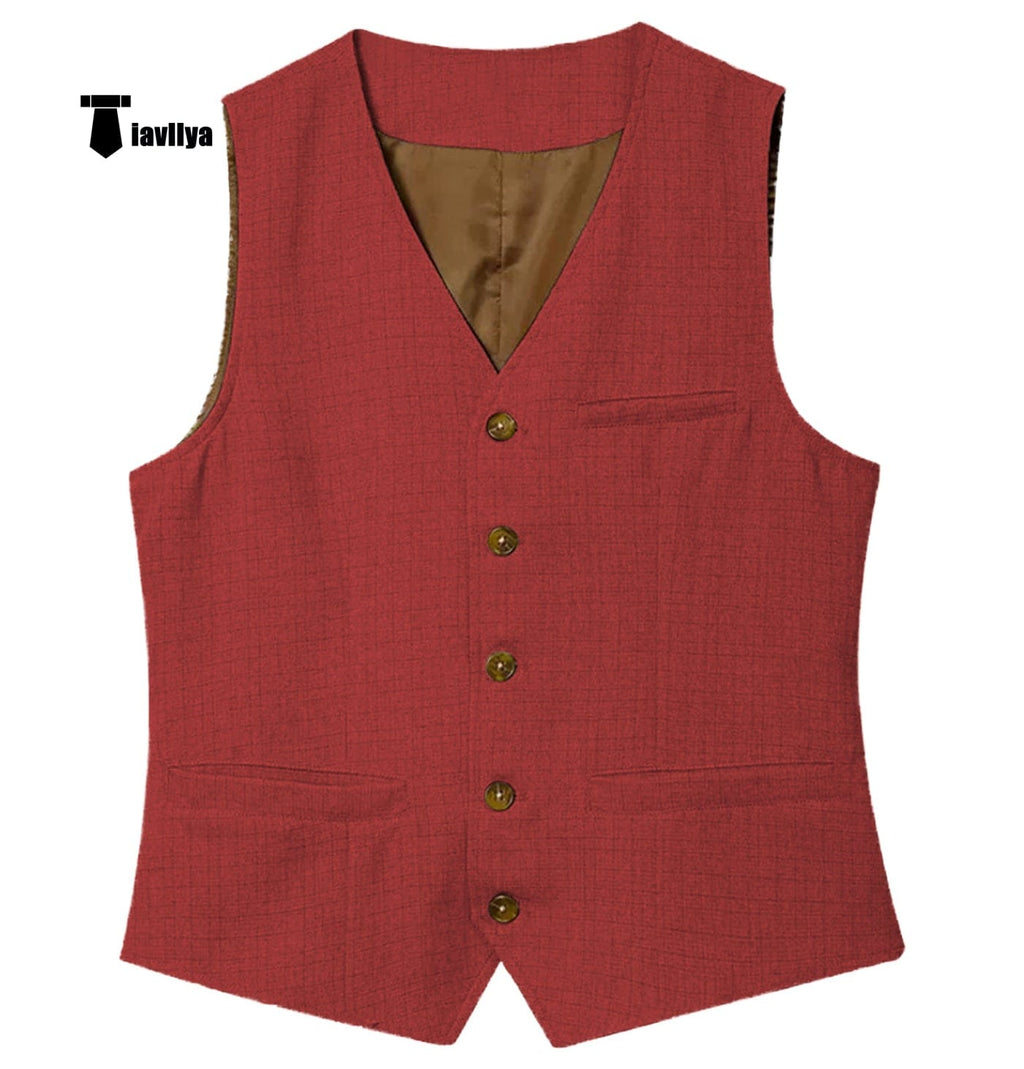Tiavllya Tiavllya Formal Mens waistcoat Flat Linen V Neck Waistcoat For Wedding
