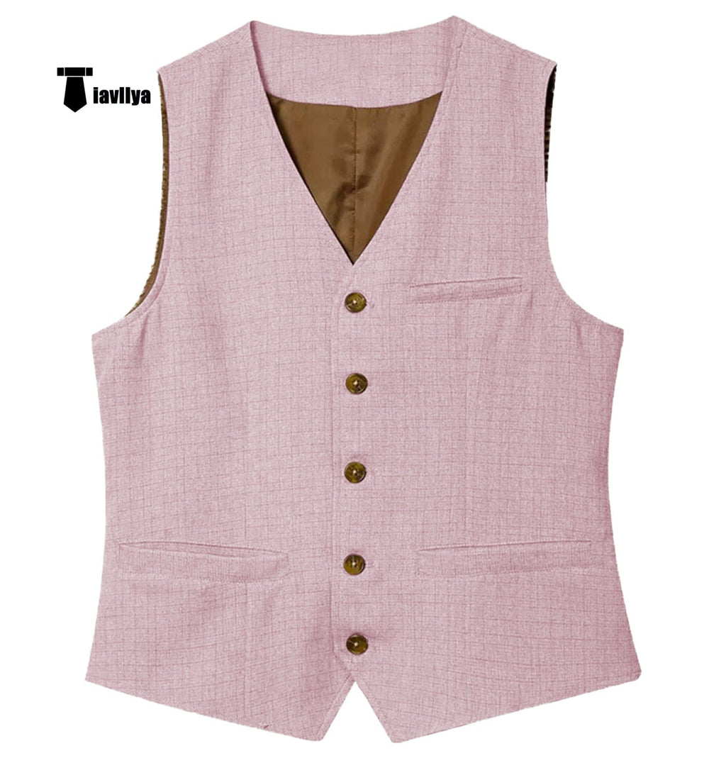 Tiavllya Tiavllya Formal Mens waistcoat Flat Linen V Neck Waistcoat For Wedding