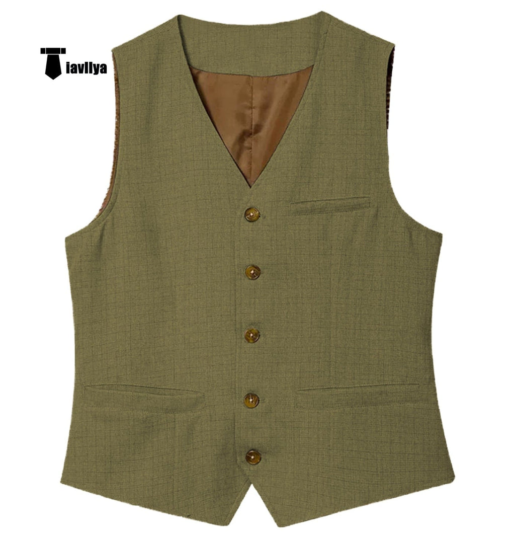 Tiavllya Tiavllya Formal Mens waistcoat Flat Linen V Neck Waistcoat For Wedding