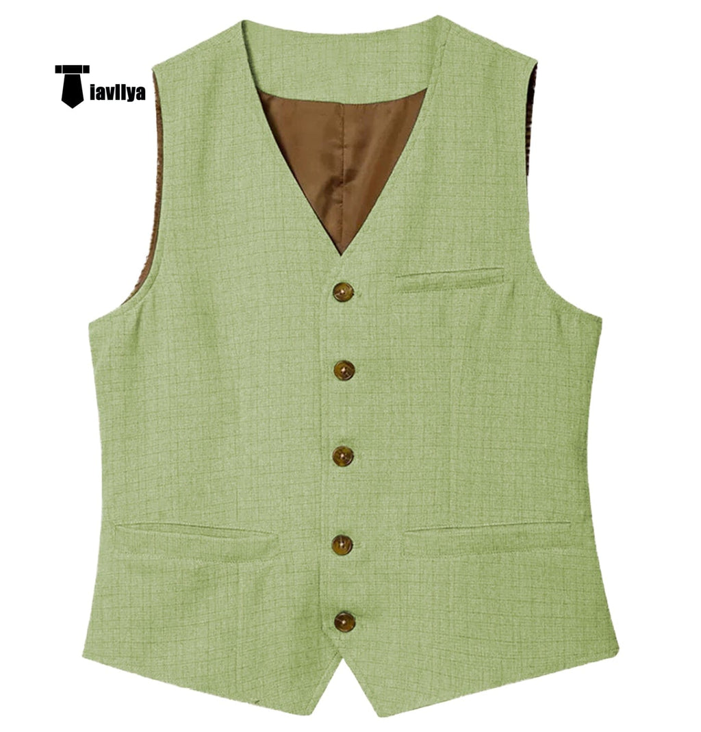 Tiavllya Tiavllya Formal Mens waistcoat Flat Linen V Neck Waistcoat For Wedding